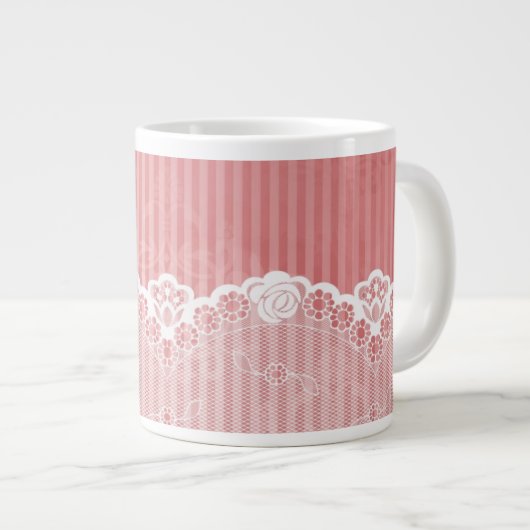 Roze en witte achtergrond met zwarte kant grote koffiekop (Voorkant rechts)