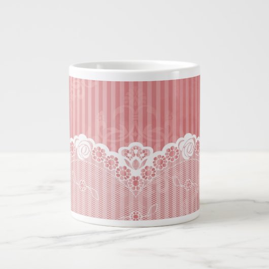 Roze en witte achtergrond met zwarte kant grote koffiekop (Voorkant)