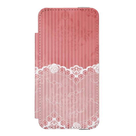 Roze en witte achtergrond met zwarte kant incipio iPhone portemonnee hoesje (Voorkant Agenda)