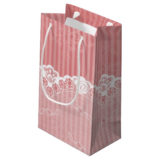 Roze en witte achtergrond met zwarte kant klein cadeauzakje (Achterkant Gekanteld)