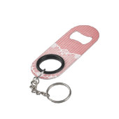 Roze en witte achtergrond met zwarte kant mini flessenopener (Achterkant Gekanteld)