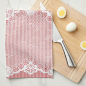 Roze en witte achtergrond met zwarte kant theedoek (Quarter Fold)