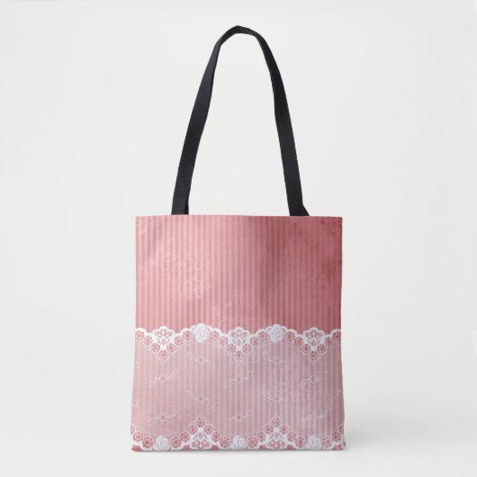 Roze en witte achtergrond met zwarte kant tote bag (Voorkant)