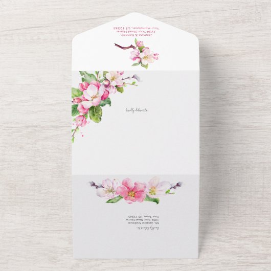 Roze en witte appel Blossom Weddenschap All In One Uitnodiging (Buitenkant)