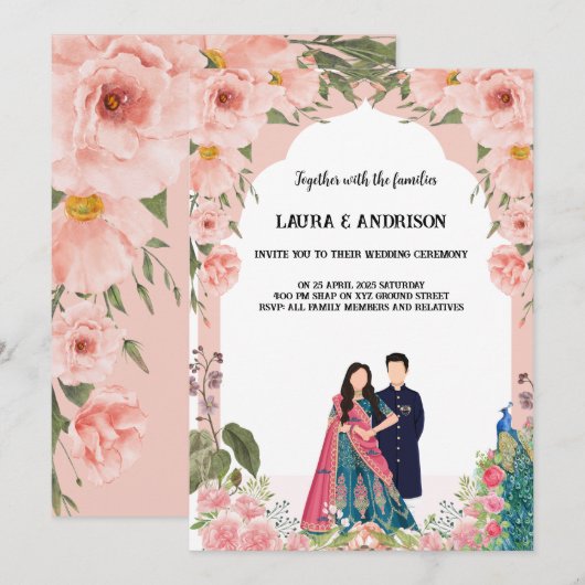 Roze en witte aquarel huwelijksuitnodiging kaart (Voorkant / Achterkant)