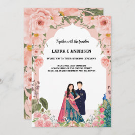 Roze en witte aquarel huwelijksuitnodiging kaart