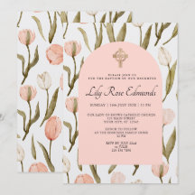 Roze en Witte Aquarel Tulpen Doop Uitnodiging