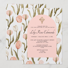 Roze en Witte Aquarel Tulpen Doop Uitnodiging