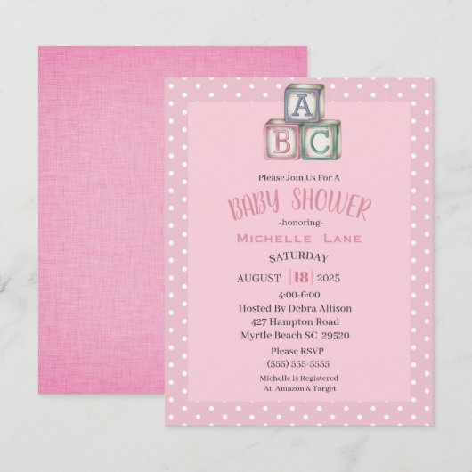 Roze en witte Baby Blokken Uitnodiging van Meisjes (Voorkant / Achterkant)
