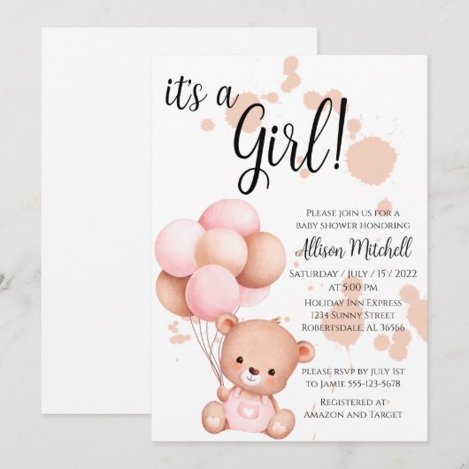 Roze en witte Baby shower van Teddy Bear Kaart (Voorkant / Achterkant)