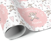 Roze en witte baby's 1e Valentijnsdag teddybeer Cadeaupapier (Rol Hoek)