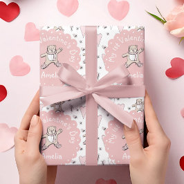 Roze en witte baby's 1e Valentijnsdag teddybeer Cadeaupapier