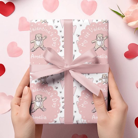 Roze en witte baby's 1e Valentijnsdag teddybeer Cadeaupapier