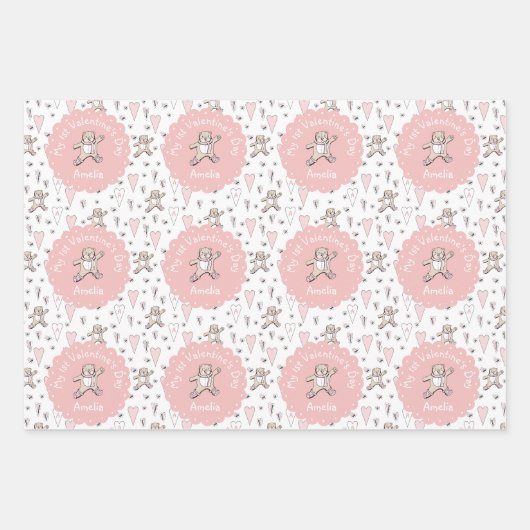Roze en witte baby's 1e Valentijnsdag teddybeer Inpakpapier Vel (Voorkant)
