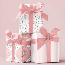Roze en witte baby's 1e Valentijnsdag teddybeer Inpakpapier Vel