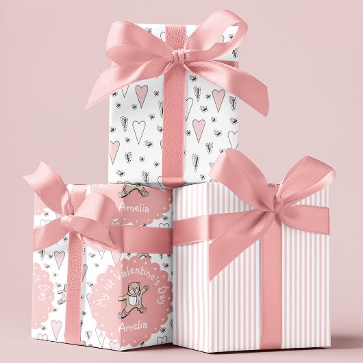 Roze en witte baby's 1e Valentijnsdag teddybeer Inpakpapier Vel