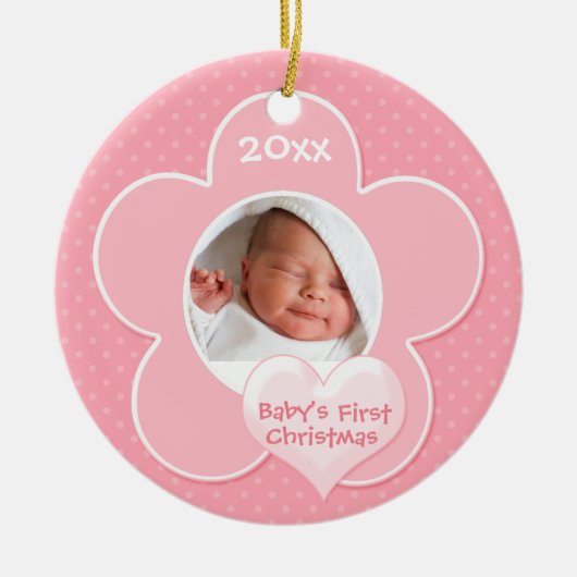 Roze en witte "Baby's First Kerstmis"-versiering Keramisch Ornament (Voorkant)