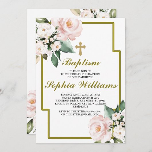 Roze en witte baptisme İnvitation Kaart (Voorkant / Achterkant)