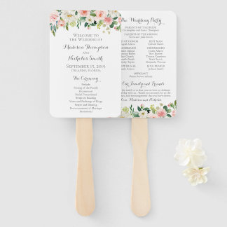 Roze en witte bloem bruiloft programma fans handwaaier
