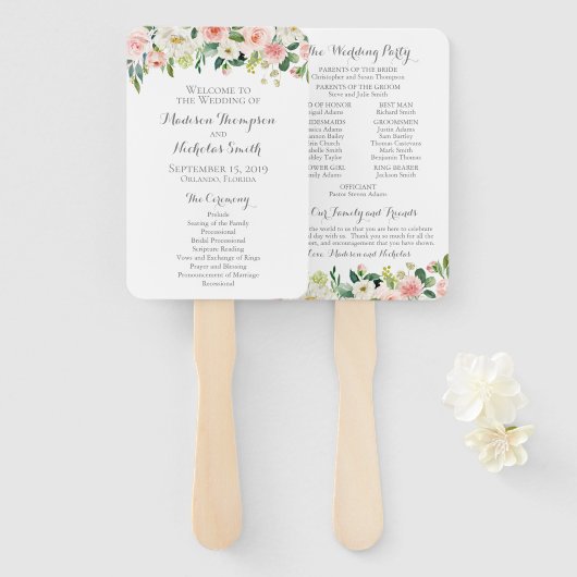 Roze en witte bloem bruiloft programma fans handwaaier (Voorkant en achterkant)