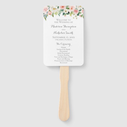 Roze en witte bloem bruiloft programma fans handwaaier (Voorkant)