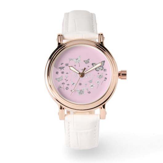 Roze en Witte Bloem Vlinder Moederdag Horloge (Voorkant)