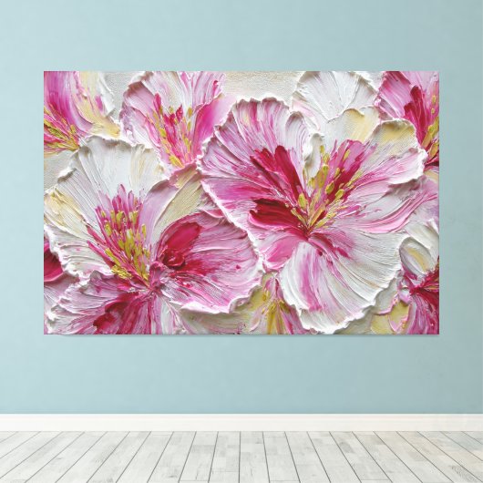 Roze en Witte Bloemblaadjes met Gele Centra – Abst Canvas Afdruk (Insitu (Houten vloer))