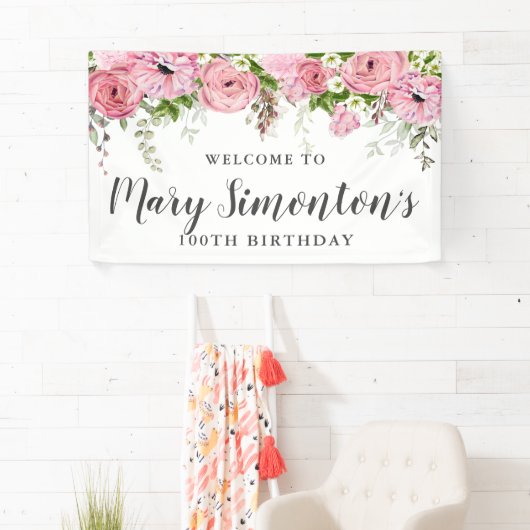 Roze en Witte Bloemen 100ste Verjaardagsfeest Welk Spandoek (Insitu)
