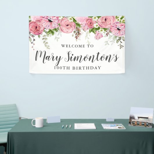 Roze en Witte Bloemen 100ste Verjaardagsfeest Welk Spandoek (Beurs)
