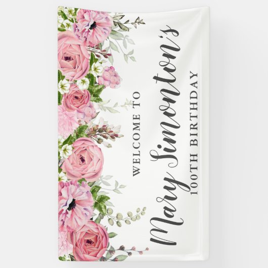 Roze en Witte Bloemen 100ste Verjaardagsfeest Welk Spandoek (Verticaal)