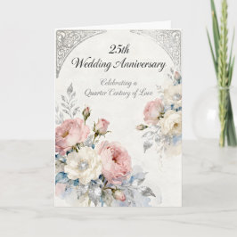 Roze en Witte Bloemen 25e Huwelijksjubileum Kaart