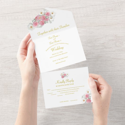 Roze en witte bloemen all in one uitnodiging (Afscheurbaar)
