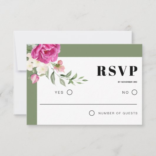 Roze en witte bloemen bloemensalie groene bruiloft RSVP kaartje (Voorkant)
