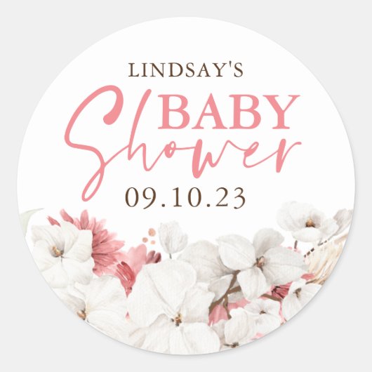 Roze en witte bloemen Boho Baby shower Ronde Sticker (Voorkant)