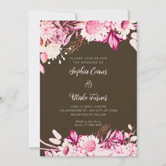 Roze en Witte Bloemen Boho Hout Bruiloft Kaart (Voorkant)