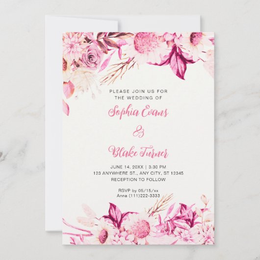 Roze en Witte Bloemen Boho Off Witte Bruiloft Kaart (Voorkant)