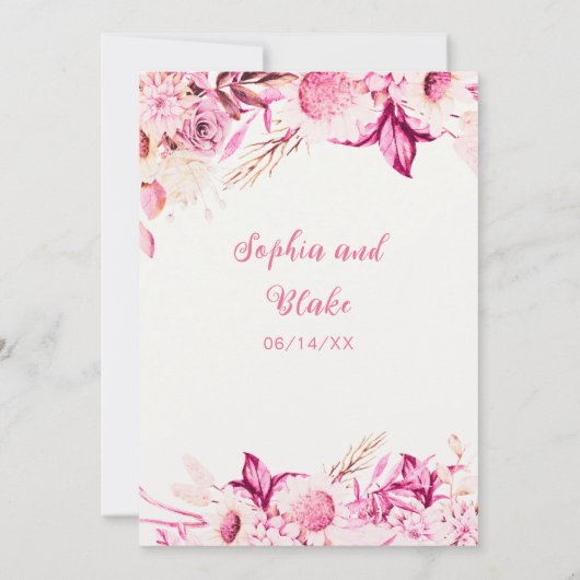 Roze en Witte Bloemen Boho Off Witte Bruiloft Kaart (Achterkant)