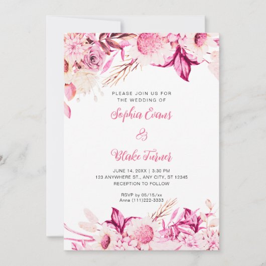 Roze en Witte Bloemen Boho Witte Bruiloft Kaart (Voorkant)