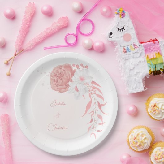 roze en witte bloemen botanische bruiloft papieren bordje (Feest)