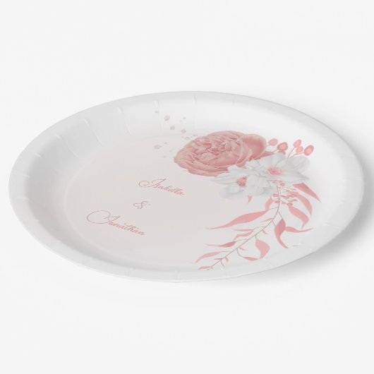 roze en witte bloemen botanische bruiloft papieren bordje (Gekanteld)