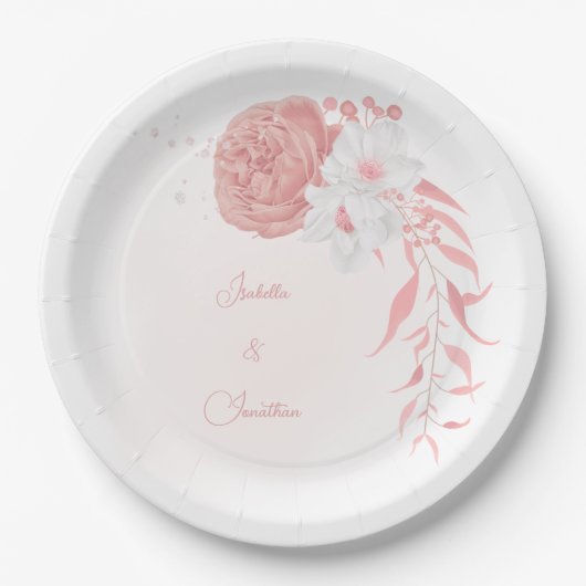 roze en witte bloemen botanische bruiloft papieren bordje (Voorkant)