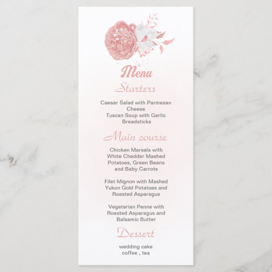 roze en witte bloemen botanische trouwmenu menu (Voorkant)