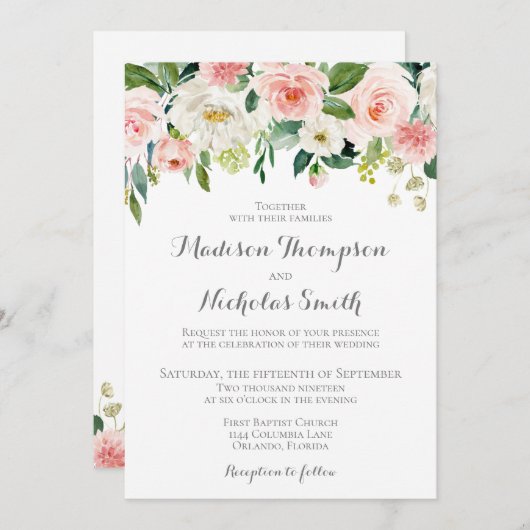 Roze en witte bloemen bruiloft uitnodiging Kaart (Voorkant / Achterkant)