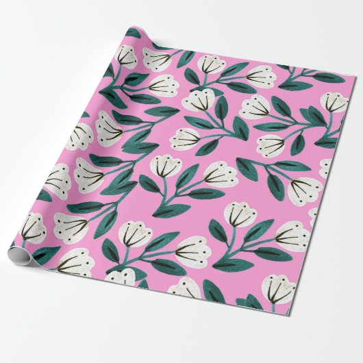 Roze en Witte Bloemen Cadeaupapier (Uitgerold)