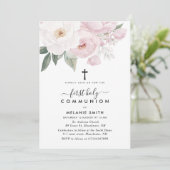 Roze en witte bloemen Eerste Heilige Communie Kaart (Staand voorkant)