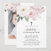Roze en witte bloemen Eerste Heilige Communie Kaart (Voorkant / Achterkant)