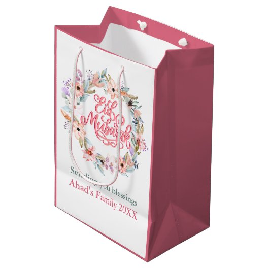 Roze en Witte Bloemen Eid Mubarak Gift Bag Medium Cadeauzakje (Voorkant Gekanteld)