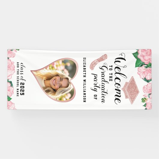 Roze en witte bloemen Elegant Afstuderen Welkom Spandoek (Horizontaal)