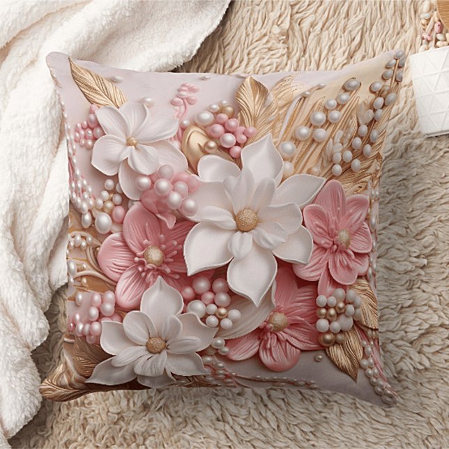 Roze en Witte Bloemen en Parels Worp Kussen (Creator heeft geüpload)