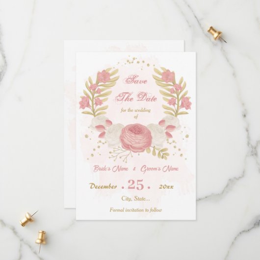 roze en witte bloemen goud botanisch save the date (Voorkant / Achterkant in situ)